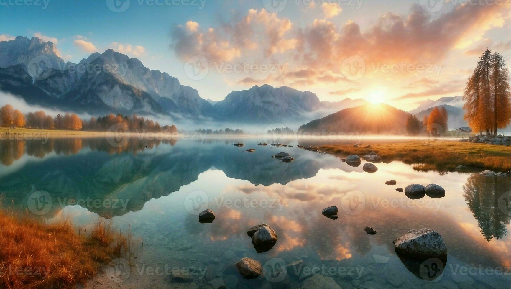 ai generato autunno mattina paesaggio e riflessivo lago riflettendo il bellezza di natura foto