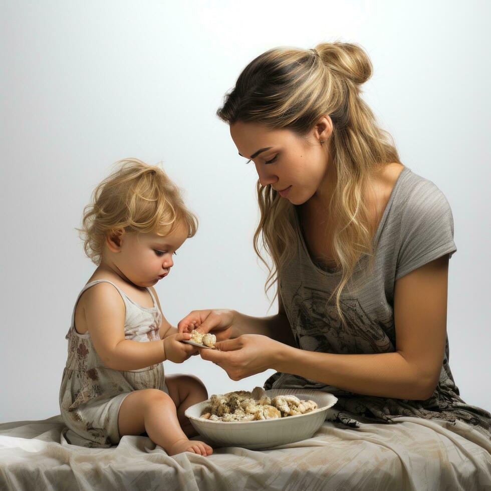 ai generato giovane ragazza alimentazione un' piccolo bambino isolato foto