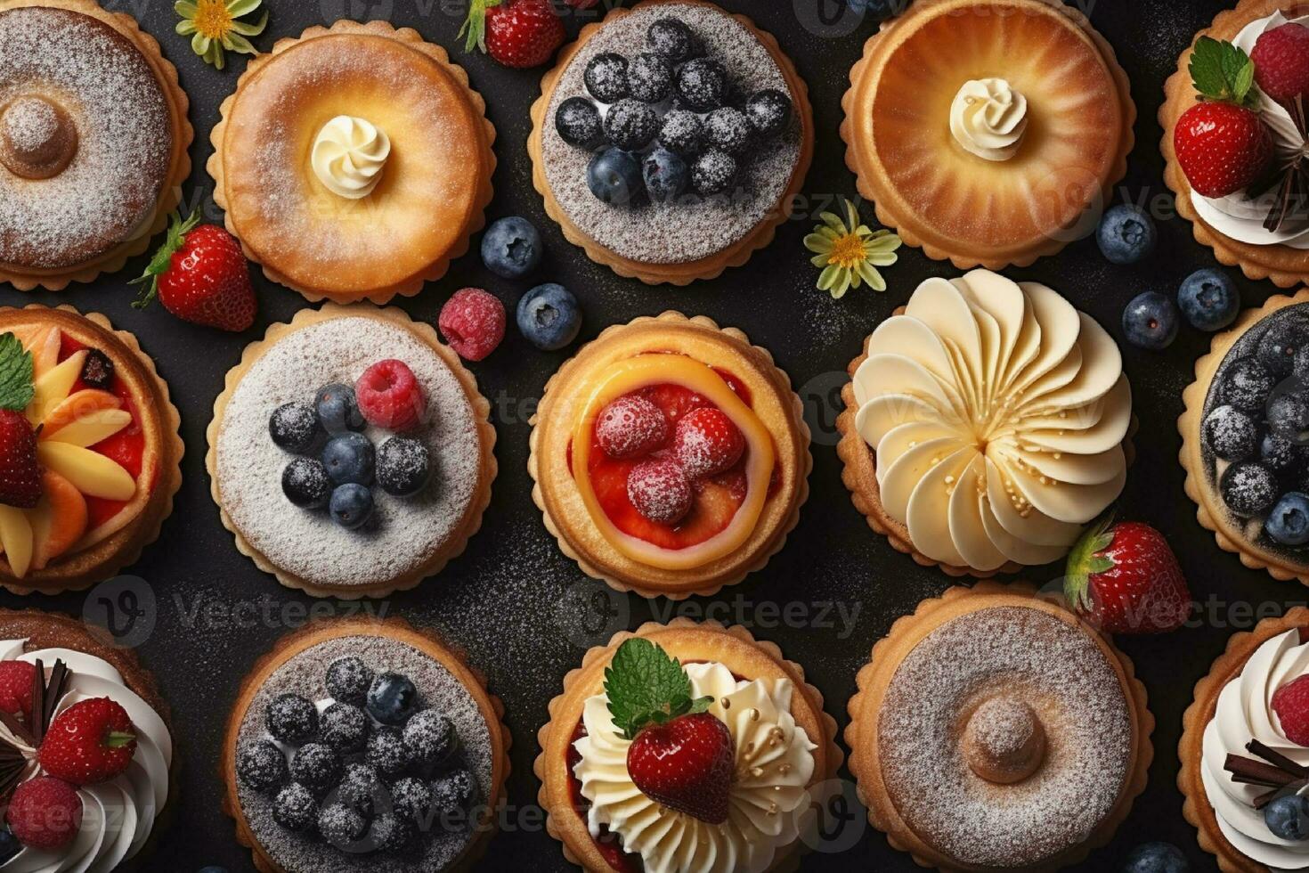 ai generato composizione con assortito pasticcini su di legno tavolo. cibo sfondo. foto