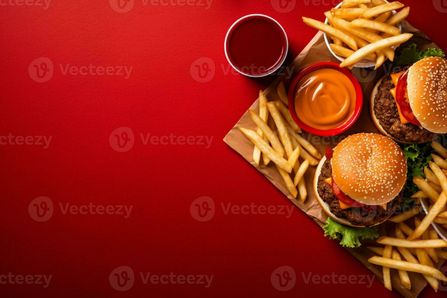 ai generato fatti in casa Hamburger con fresco verdure e francese patatine fritte su buio sfondo foto