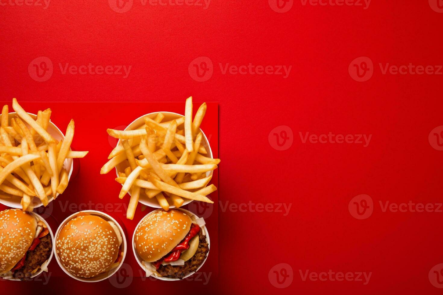 ai generato fatti in casa Hamburger con fresco verdure e francese patatine fritte su buio sfondo foto