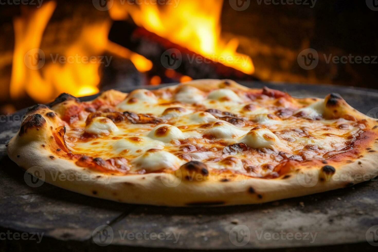 ai generato caldo Pizza nel il forno su un' di legno tavola. fuoco nel il sfondo foto