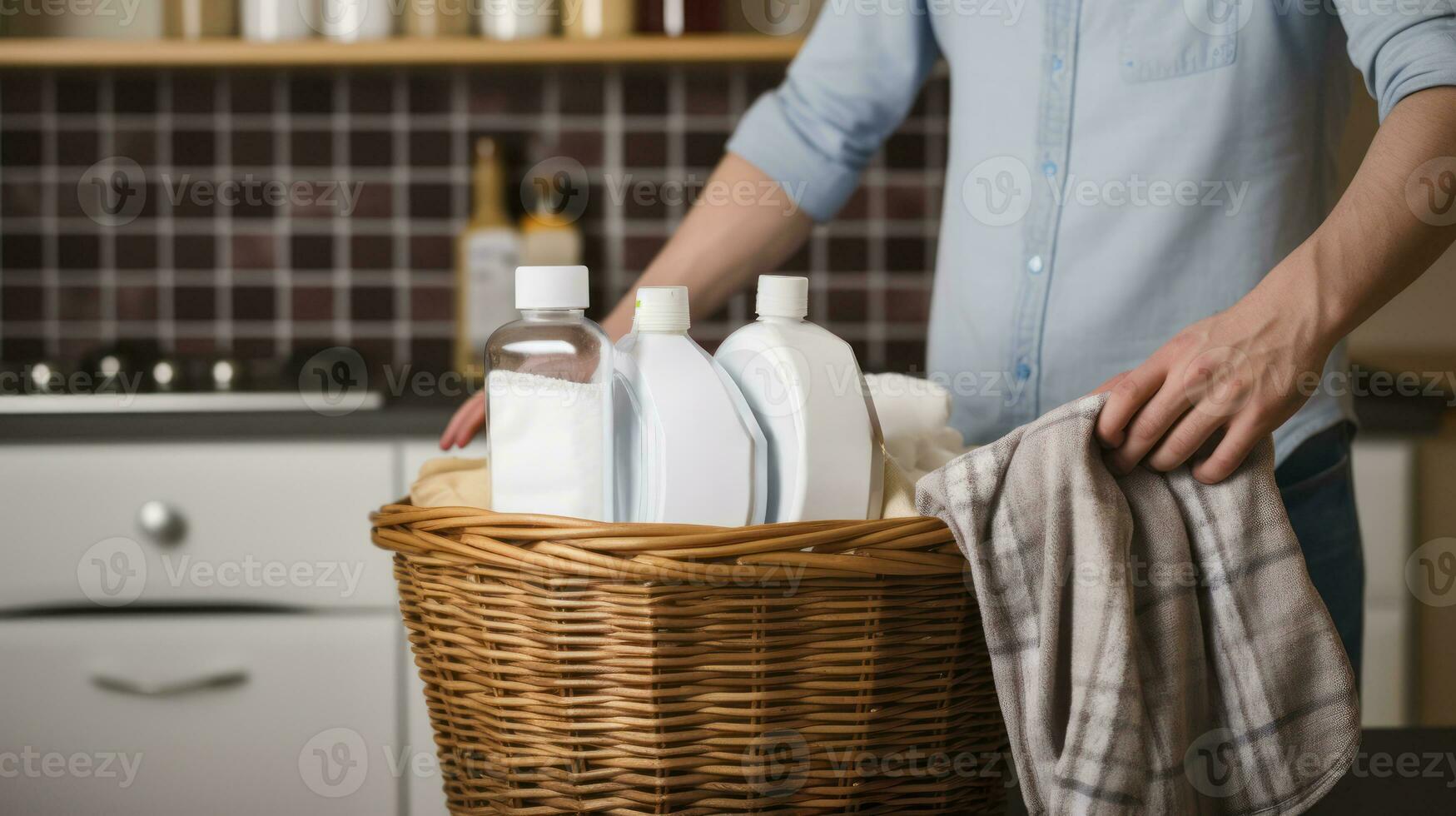 ai generato un' cestino di pulito asciugamani integrato di il dolce toccare di lavanderia detersivi. generativo ai foto