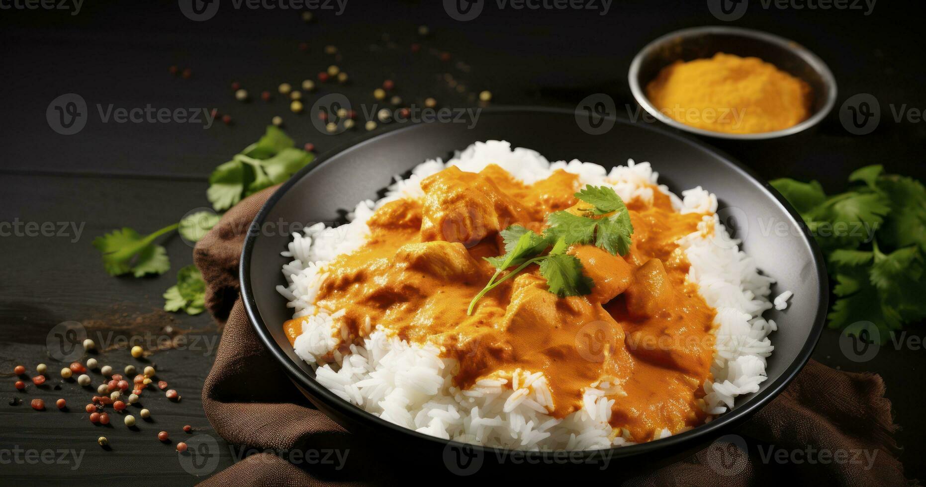 ai generato il allettante combinazione di indiano burro pollo curry e basmati Riso. tradizionale fatti in casa cibo concetto foto