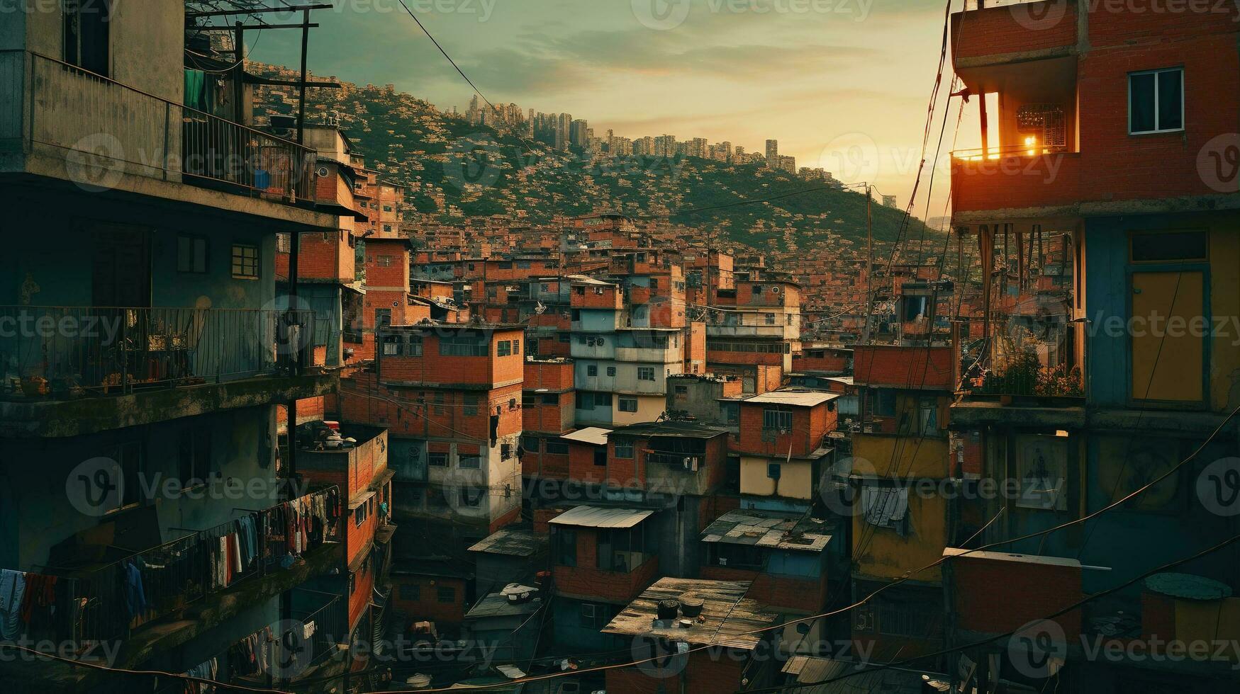 ai generato generativo ai, brasiliano favelas Comunità, panoramico Visualizza con molti case, urbano cittadina povero Casa edifici foto