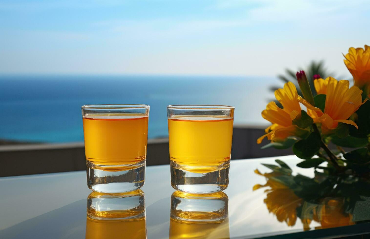 ai generato bevanda scatti Due bevande nel bevanda bicchieri con fiori su un' balcone prospiciente un' spiaggia foto