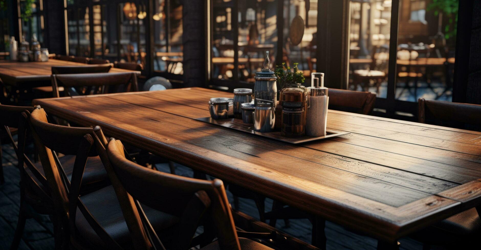 ai generato un vuoto di legno tavolo e sedie nel un ristorante foto