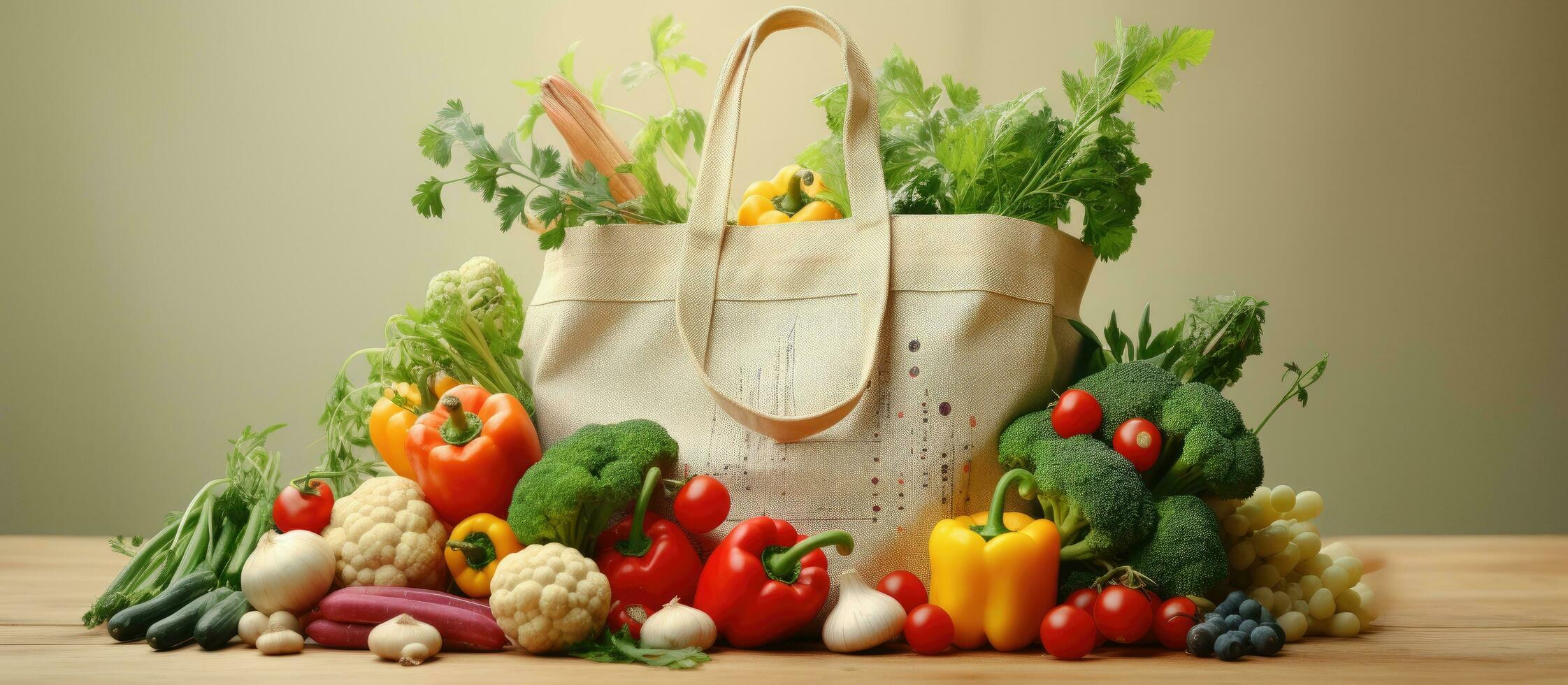 ai generato un' shopping Borsa pieno con frutta e verdure foto