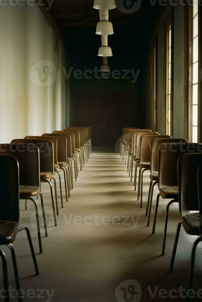 ai generato banchi e sedie disposte nel aula a alto scuola foto
