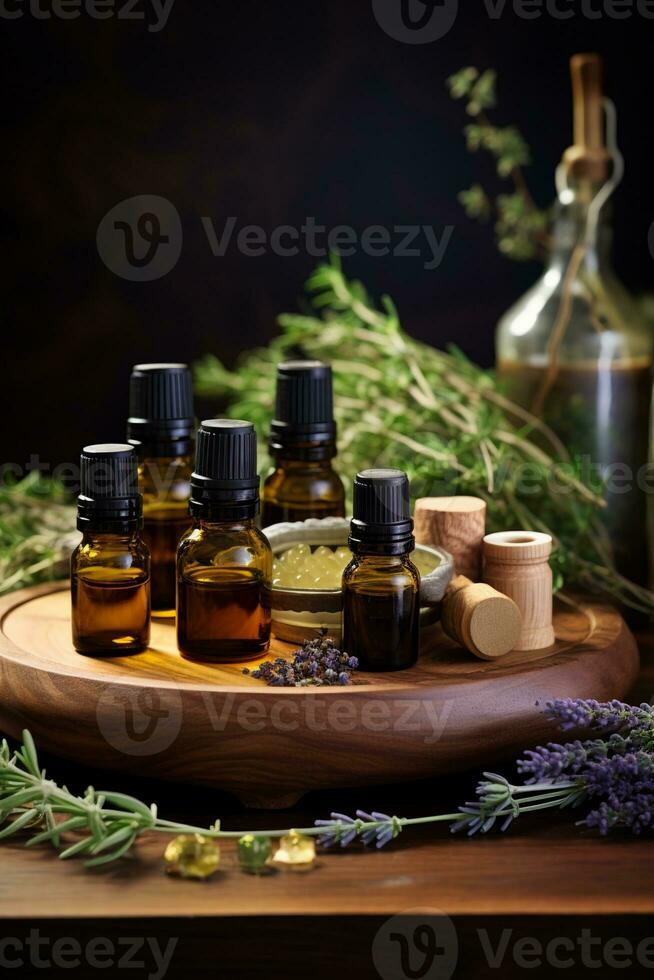 ai generato cosmetico Prodotto con lavanda essenziale olio selettivo messa a fuoco foto