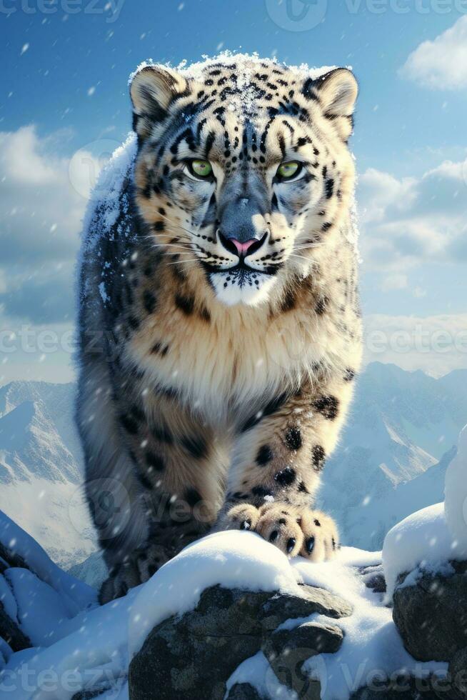 ai generato Immagine di neve leopardo in esecuzione nel il montagne legna foto