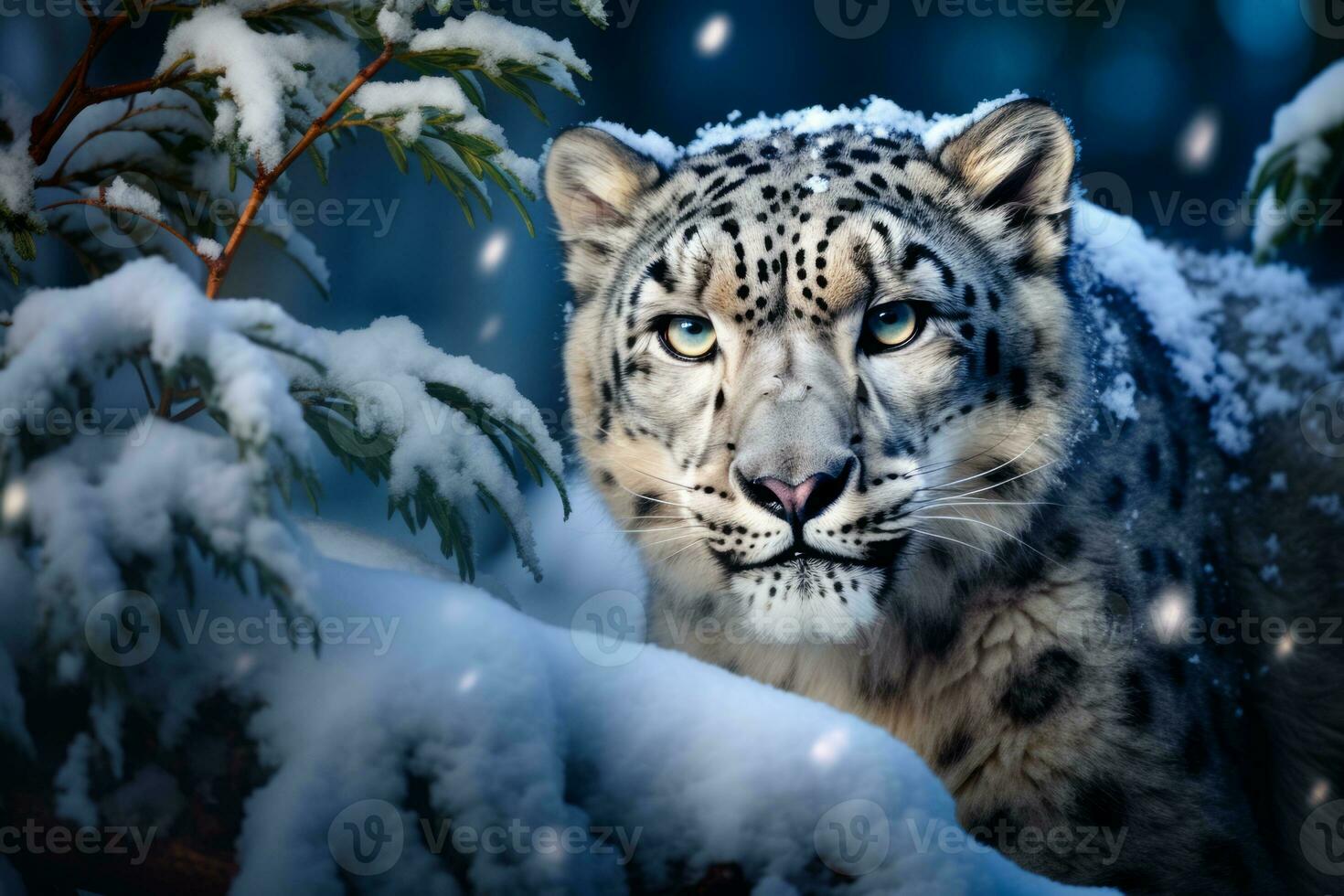 ai generato Immagine di neve leopardo in esecuzione nel il montagne legna foto