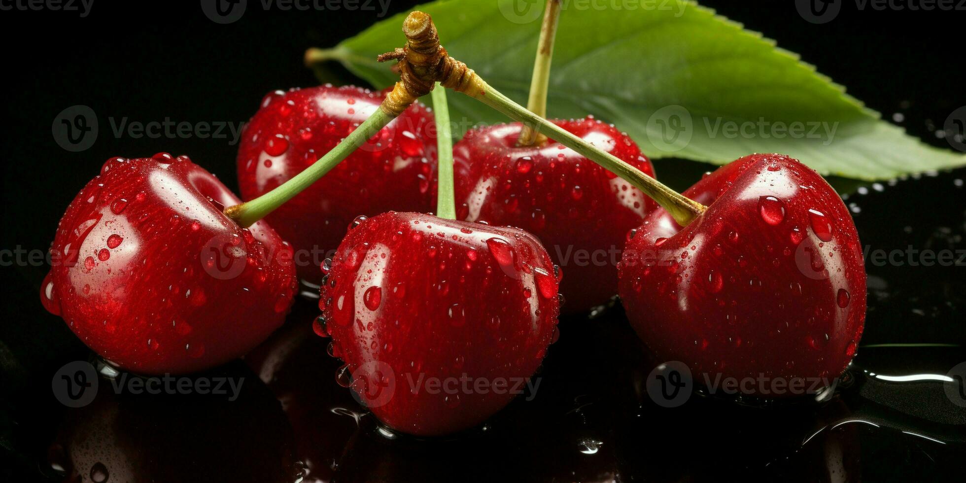 ai generato fresco maturo ciliegia su nero sfondo, succoso e gustoso frutta, salutare cibo foto