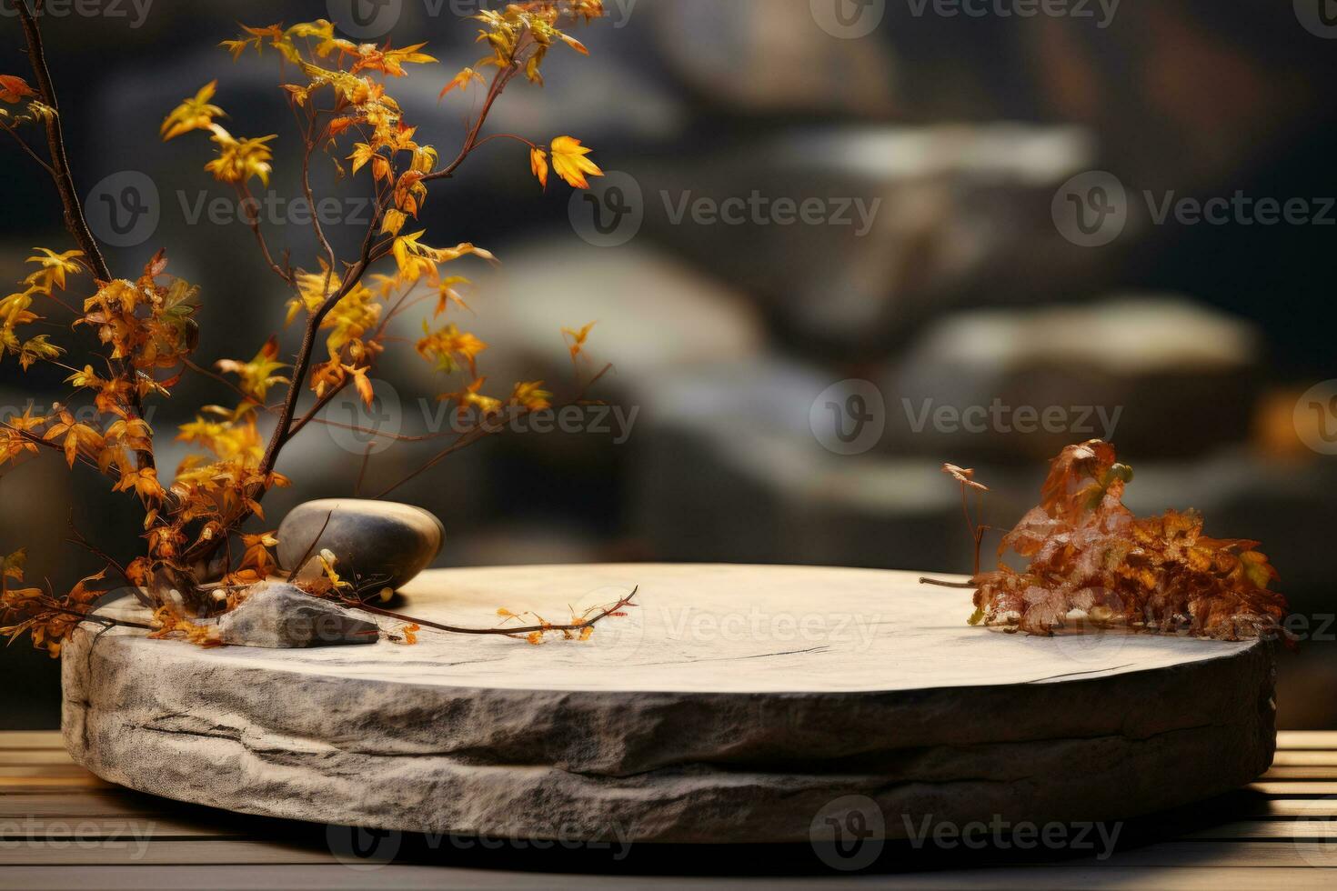 ai generato naturale pietra e calcestruzzo podio nel naturale sfondo con autunno le foglie. generativo ai foto