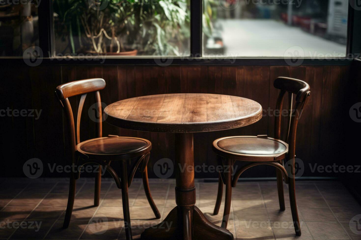 ai generato di legno caffè tavolo vicino blu tessuto sedia contro calcestruzzo parete con manifesto telaio. scandinavo interno design di moderno vivente camera. generativo ai foto