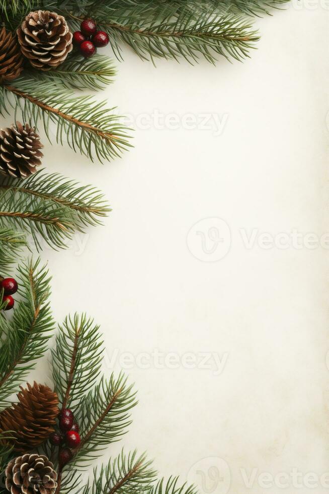 ai generato Natale sfondo con abete rami, pino coni e frutti di bosco su bianca carta foto