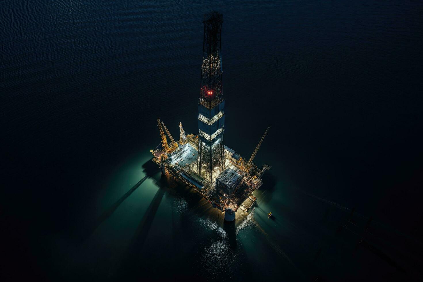 ai generato olio e gas industria. olio piattaforma nel il mare. Visualizza a partire dal sopra, aereo Visualizza di Jack su perforazione impianto nel il mezzo di il oceano mentre impianto mossa a notte volta, ai generato foto