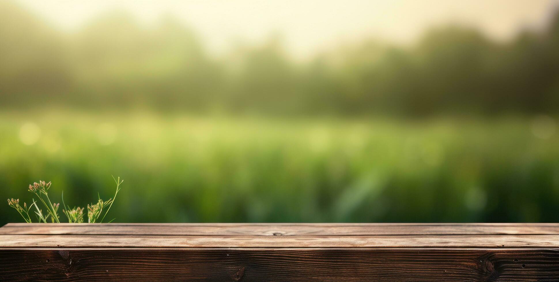 ai generato legna ponte con verde erba sfondo, foto