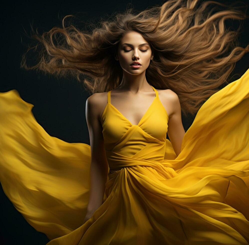 ai generato giovane donna nel giallo vestito volante sua capelli su nero sfondo, foto