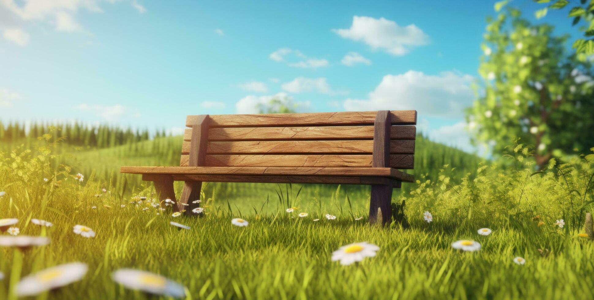 ai generato di legno panchina con erba su estate soleggiato sfondo, foto