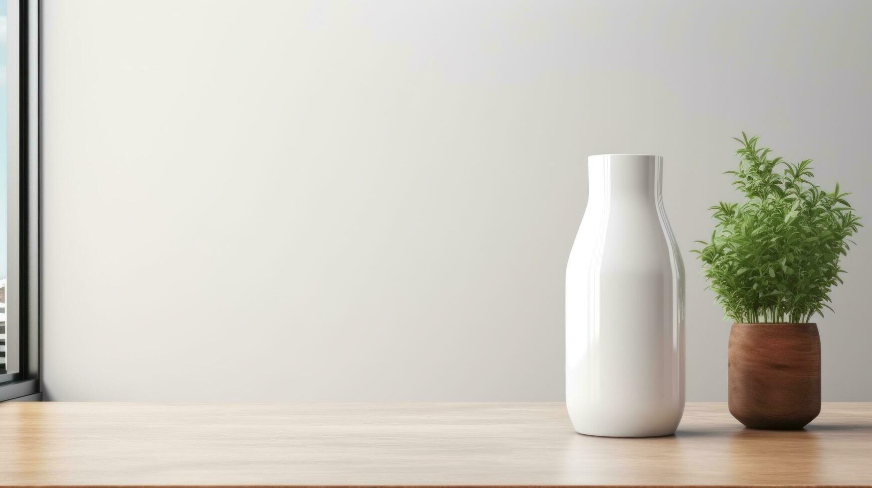 ai generato bianca latte bottiglia con vuoto davanti, realistico su un' modello modello nel un' di legno tavolo foto