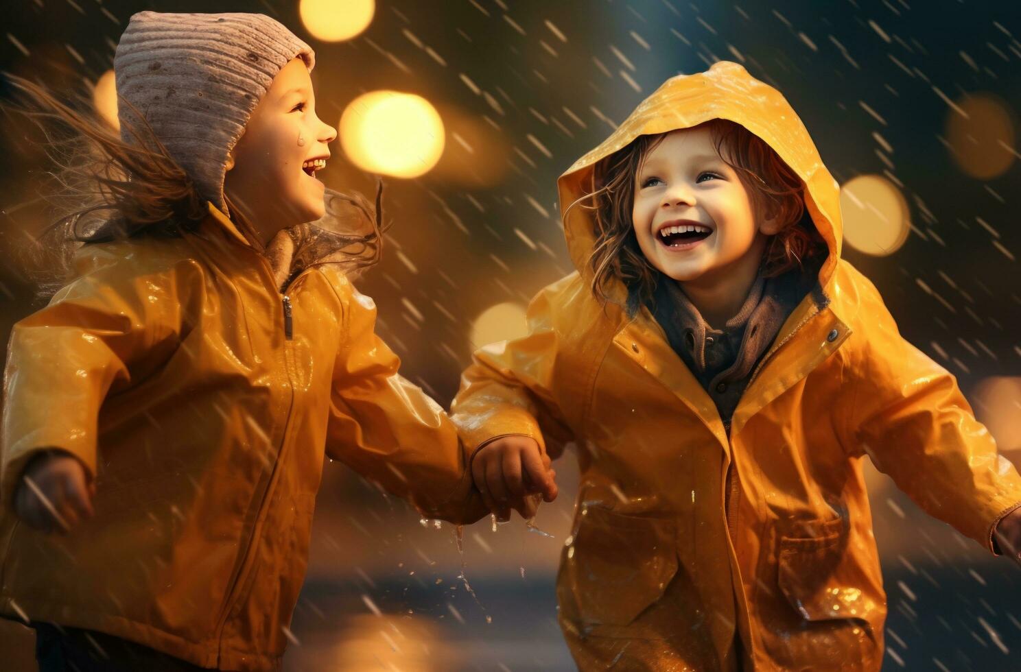 ai generato Due bambini giocare nel il pioggia fuori, foto