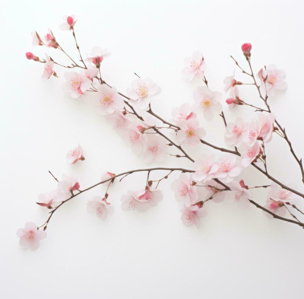 ai generato rosa fioritura rami con leggero rosa fiori su bianca sfondo, foto