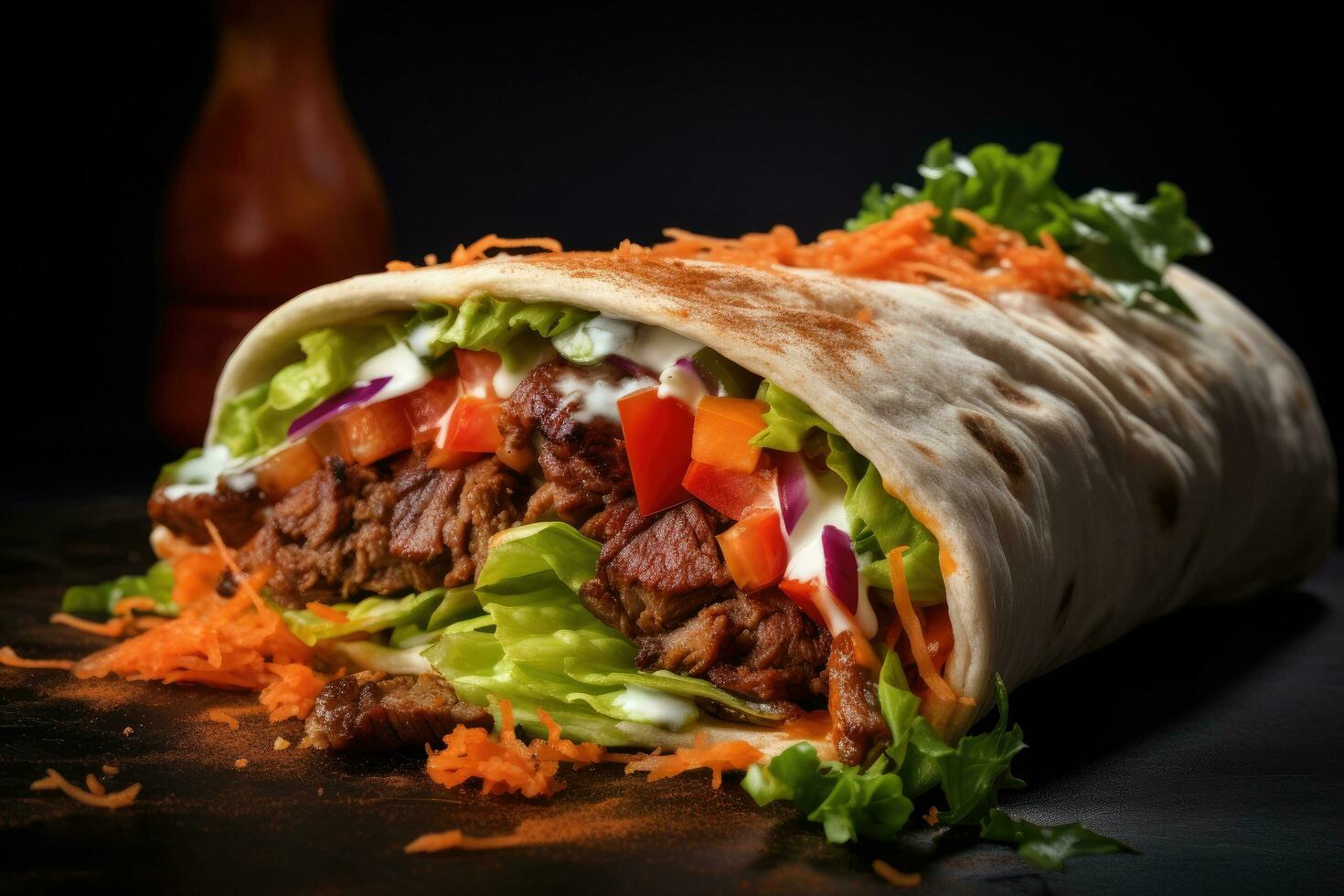 ai generato doner kebab su un' nero sfondo. shawarma con carne, verdure e salsa, un' tavolo di cibo Compreso pollo, Riso, e altro cibo, ai generato foto