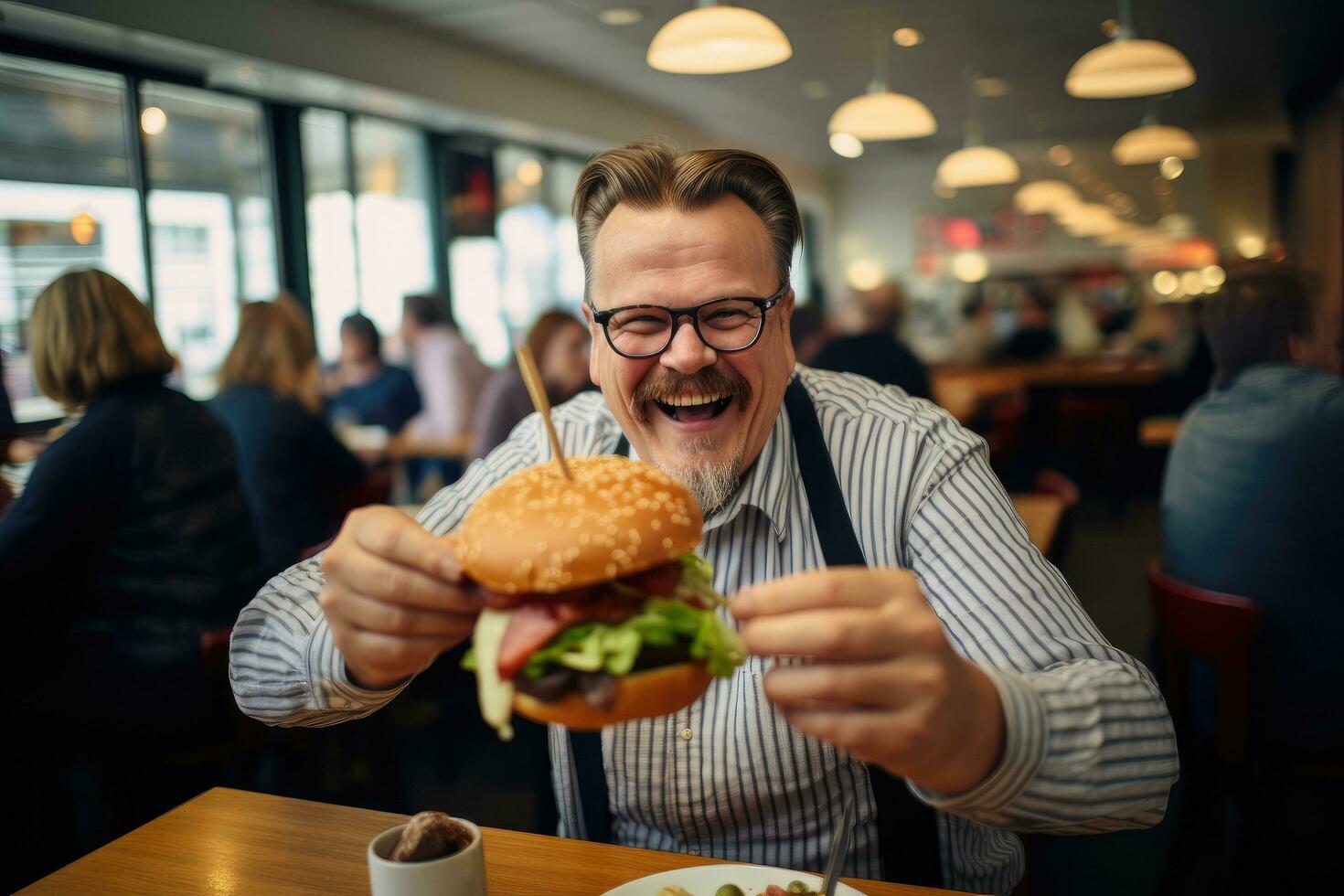 ai generato allegro uomo mangiare un' Hamburger nel un' veloce cibo ristorante, un' svedese uomo felicemente godere Hamburger pasto nel ristorante, ai generato foto