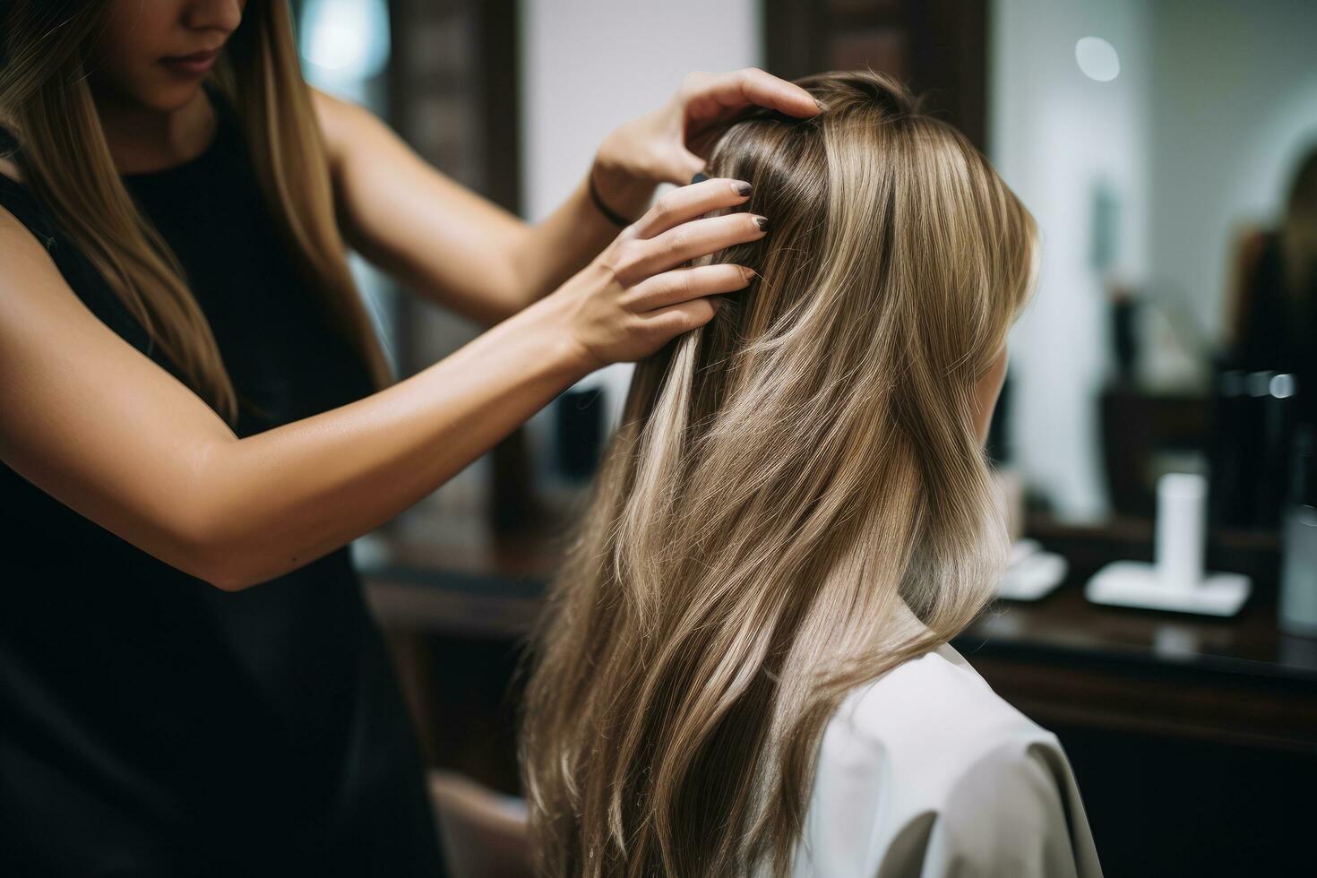 ai generato parrucchiere pettinatura capelli di giovane donna nel bellezza salone, un' professionale parrucchiere abilmente taglio il capelli di un' giovane donna nel un' bellezza salone, ai generato foto