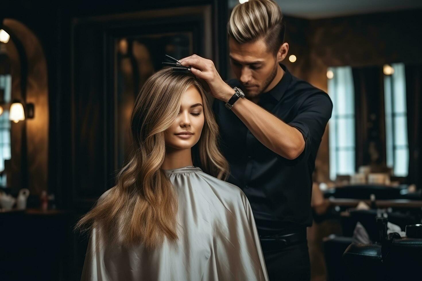 ai generato parrucchiere taglio capelli di giovane donna nel bellezza salone, un' professionale parrucchiere abilmente taglio il capelli di un' giovane donna nel un' bellezza salone, ai generato foto