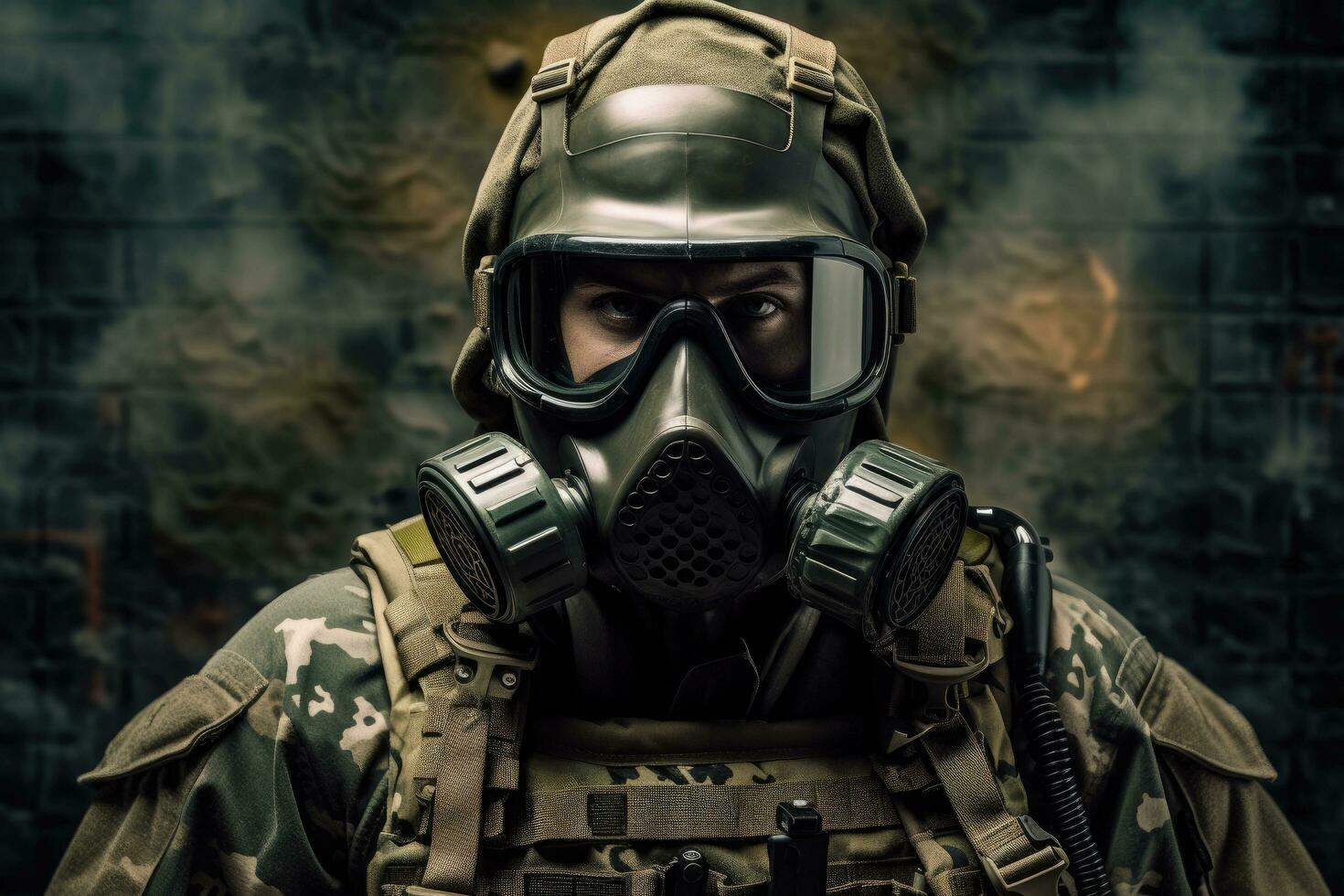 ai generato ritratto di un' speciale forze soldato nel gas maschera. militare concetto, un' moderno elite soldato completamente orientato su con speciale attrezzatura, viso coperto con un' gas maschera, ai generato foto