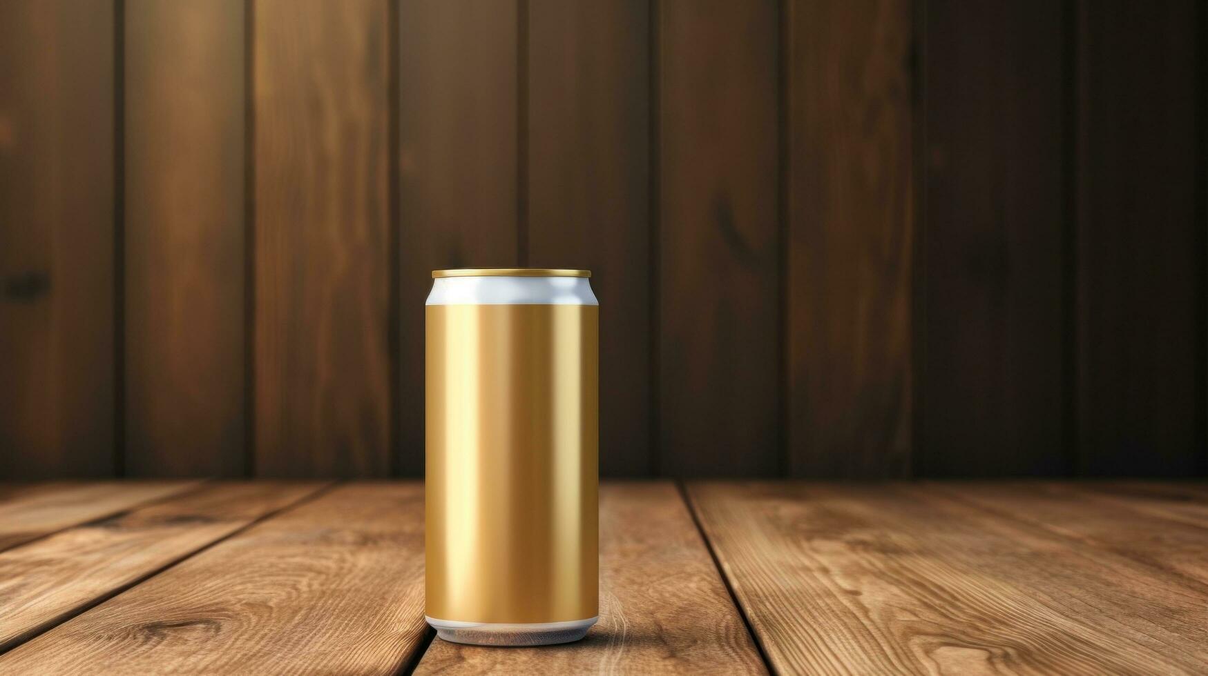 ai generato oro birra può con vuoto davanti, realistico su un' modello modello nel un' tavolo nel un' irlandesi pub, foto