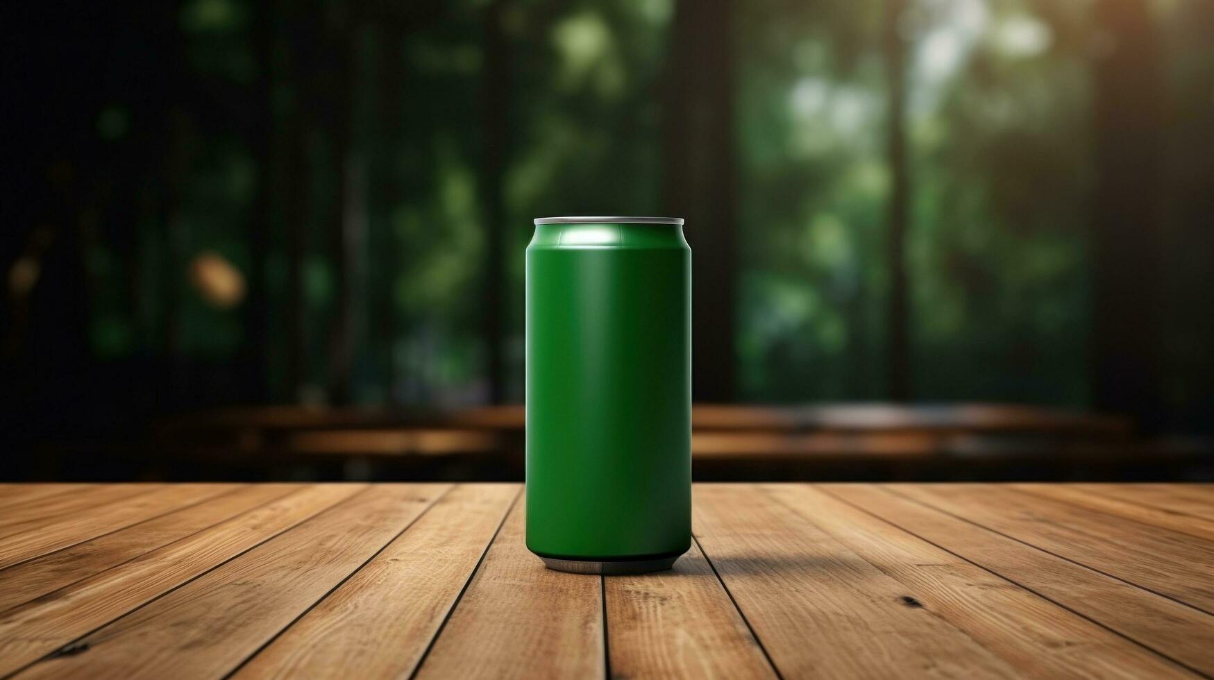 ai generato verde birra può con vuoto davanti, realistico su un' modello modello nel un' di legno tavolo nel un' irlandesi pub, foto