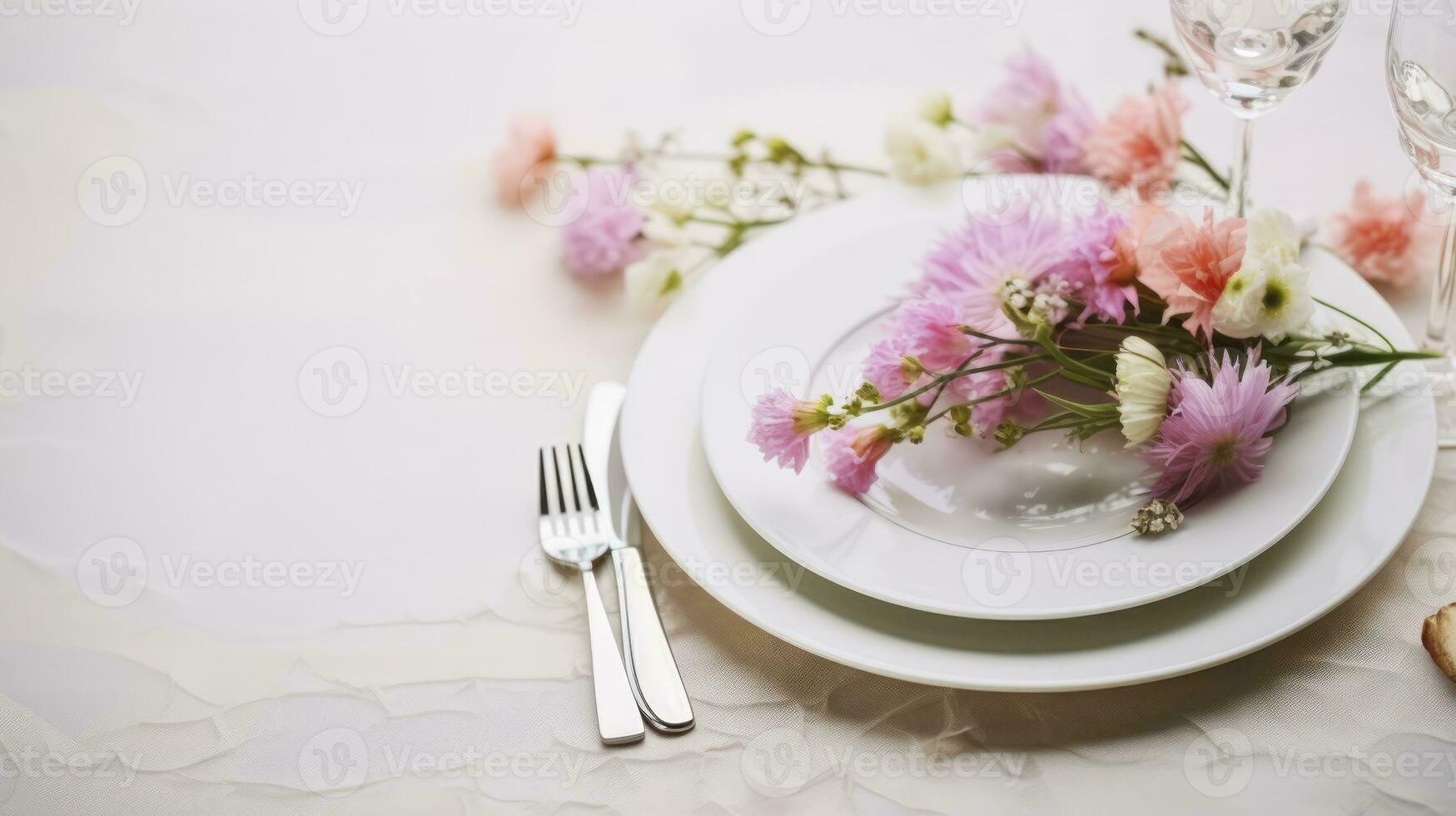 ai generato un' superiore Visualizza di un' festivo piatto, forchetta, e coltello, elegantemente abbellito con fiori foto