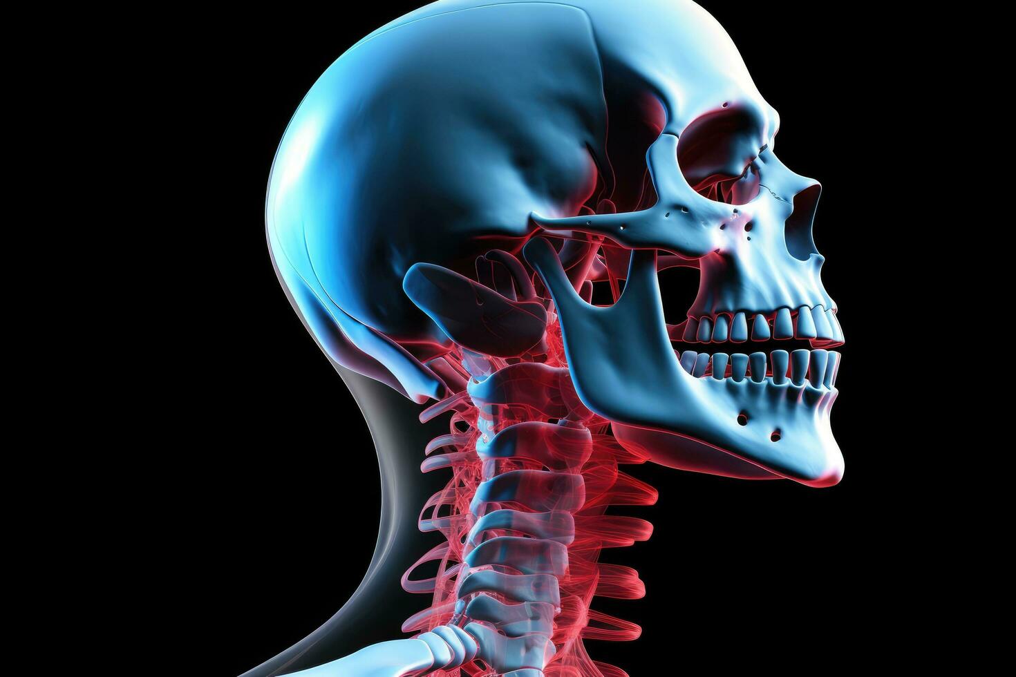 ai generato 3d reso illustrazione. isolato su nero. umano scheletro, 3d medico illustrazione di un' dell'uomo cranio e cervicale colonna vertebrale, mascella dolore, ai generato foto