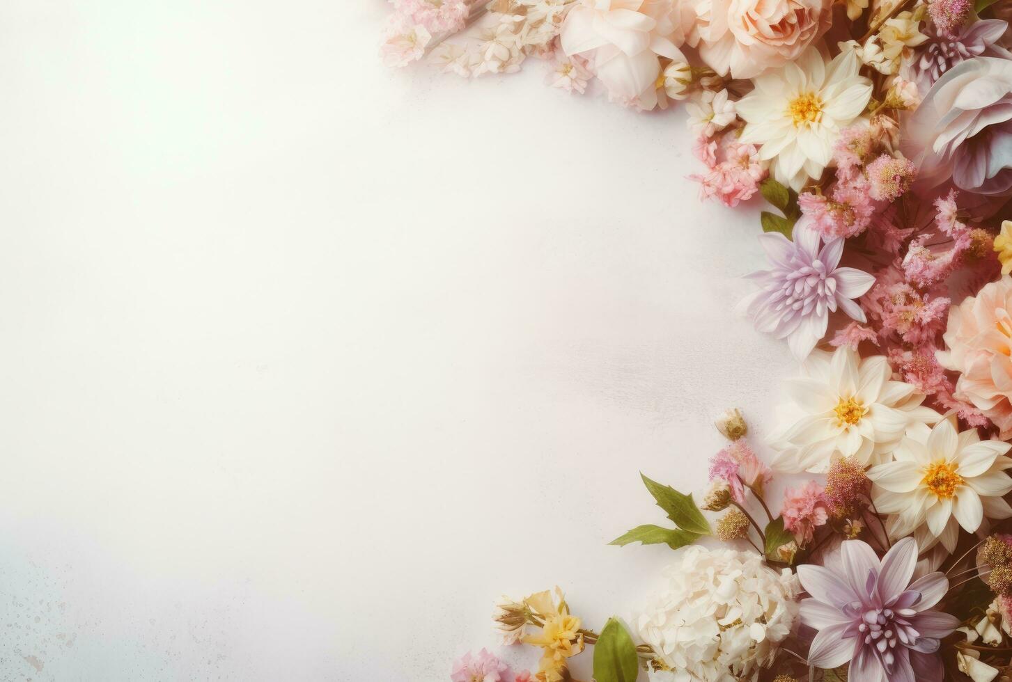 ai generato bellissimo primavera fiori preparativi su bianca carta copia spazio con piatto posizione, foto