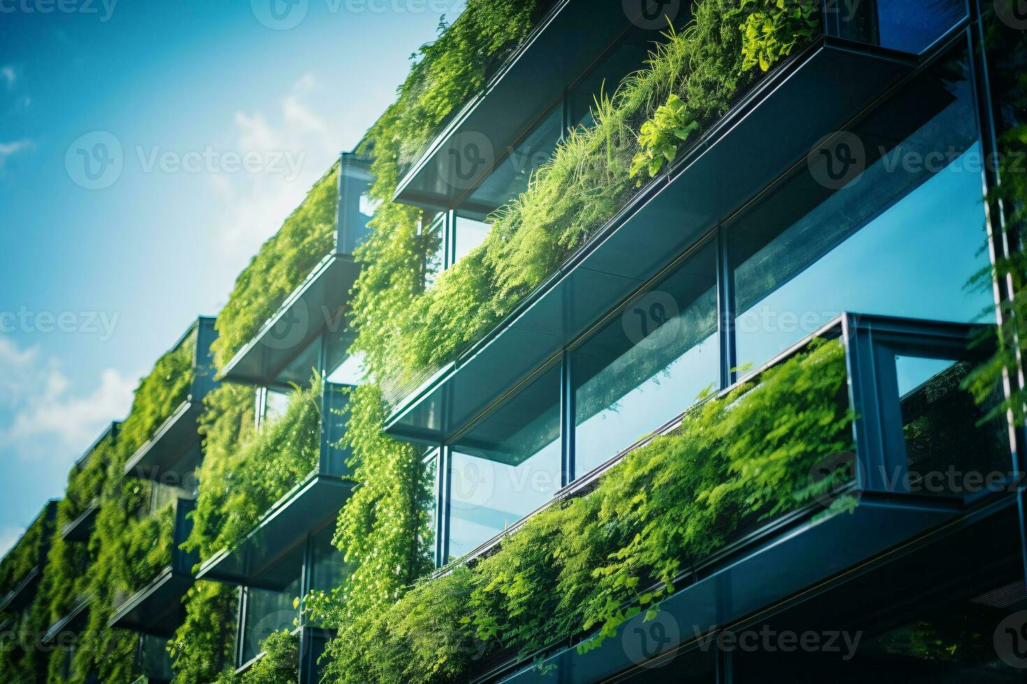 ai generato eco-friendly edificio nel il moderno città. sostenibile bicchiere ufficio edificio con albero per riducendo carbonio biossido. ufficio edificio con verde ambiente. aziendale edificio ridurre co2. foto