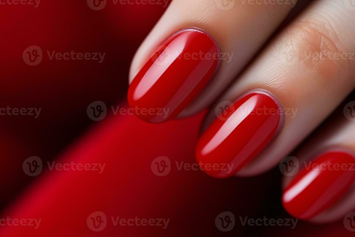 ai generato fascino donna mano con classico rosso chiodo polacco su sua unghie. rosso chiodo manicure con gel polacco a lusso bellezza salone. chiodo arte e design. femmina mano modello. francese manicure. foto