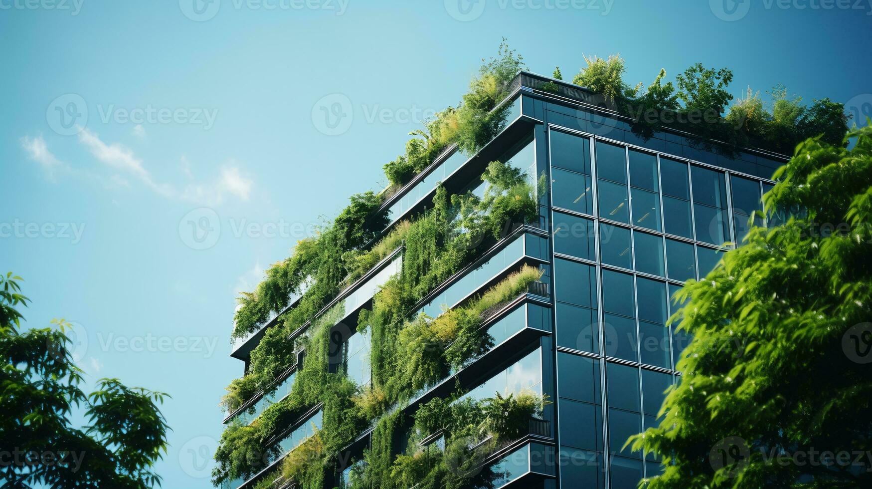 ai generato eco-friendly edificio nel il moderno città. sostenibile bicchiere ufficio edificio con albero per riducendo carbonio biossido. ufficio edificio con verde ambiente. aziendale edificio ridurre co2. foto