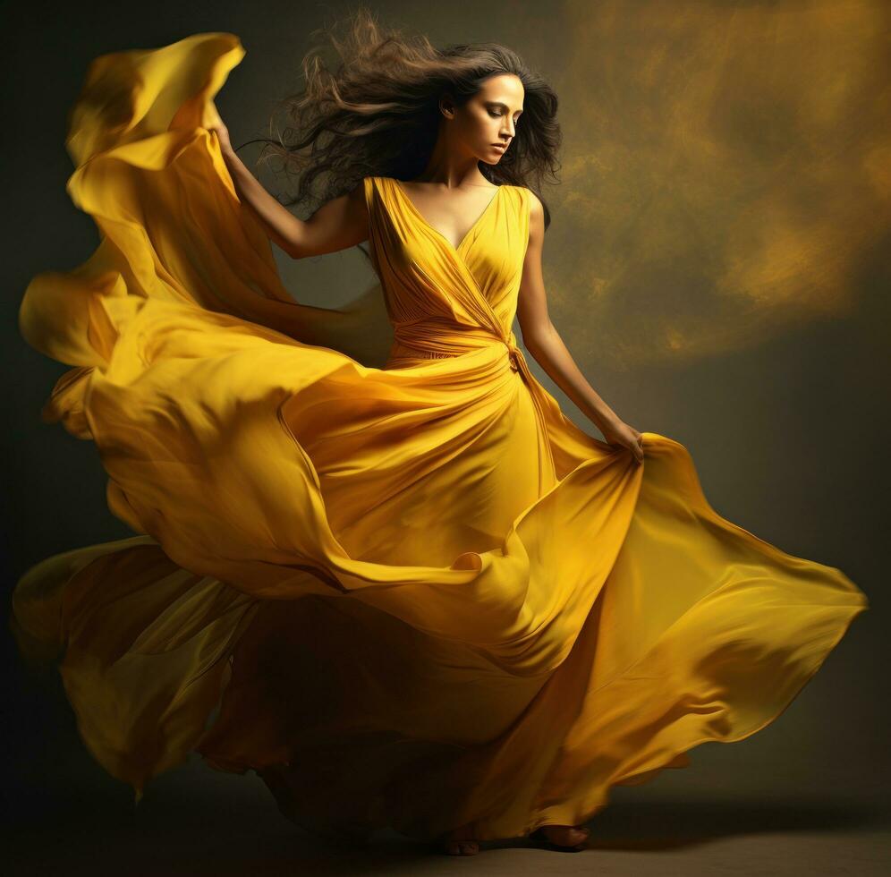 ai generato un' femmina modello nel un' giallo lungo vestito danza con sua capelli nel il vento, foto