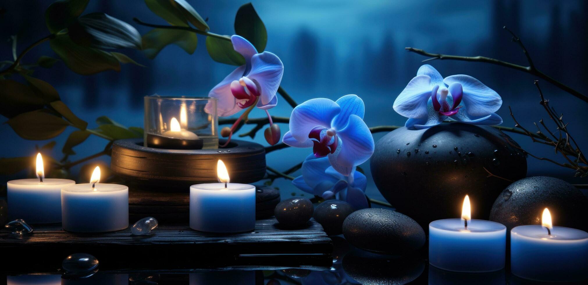 ai generato un' terme con candele e orchidea, foto