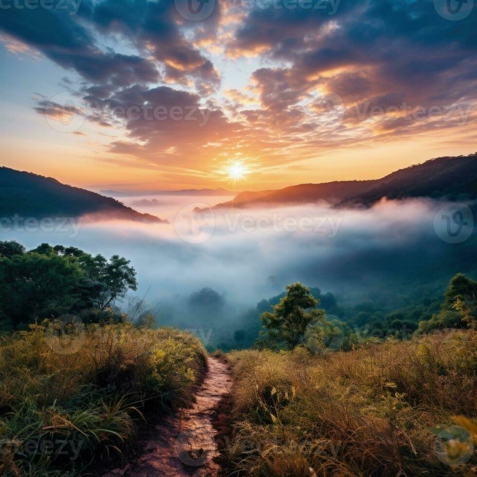 ai generato Alba nel il nebbioso mattina HD sfondo sfondo foto