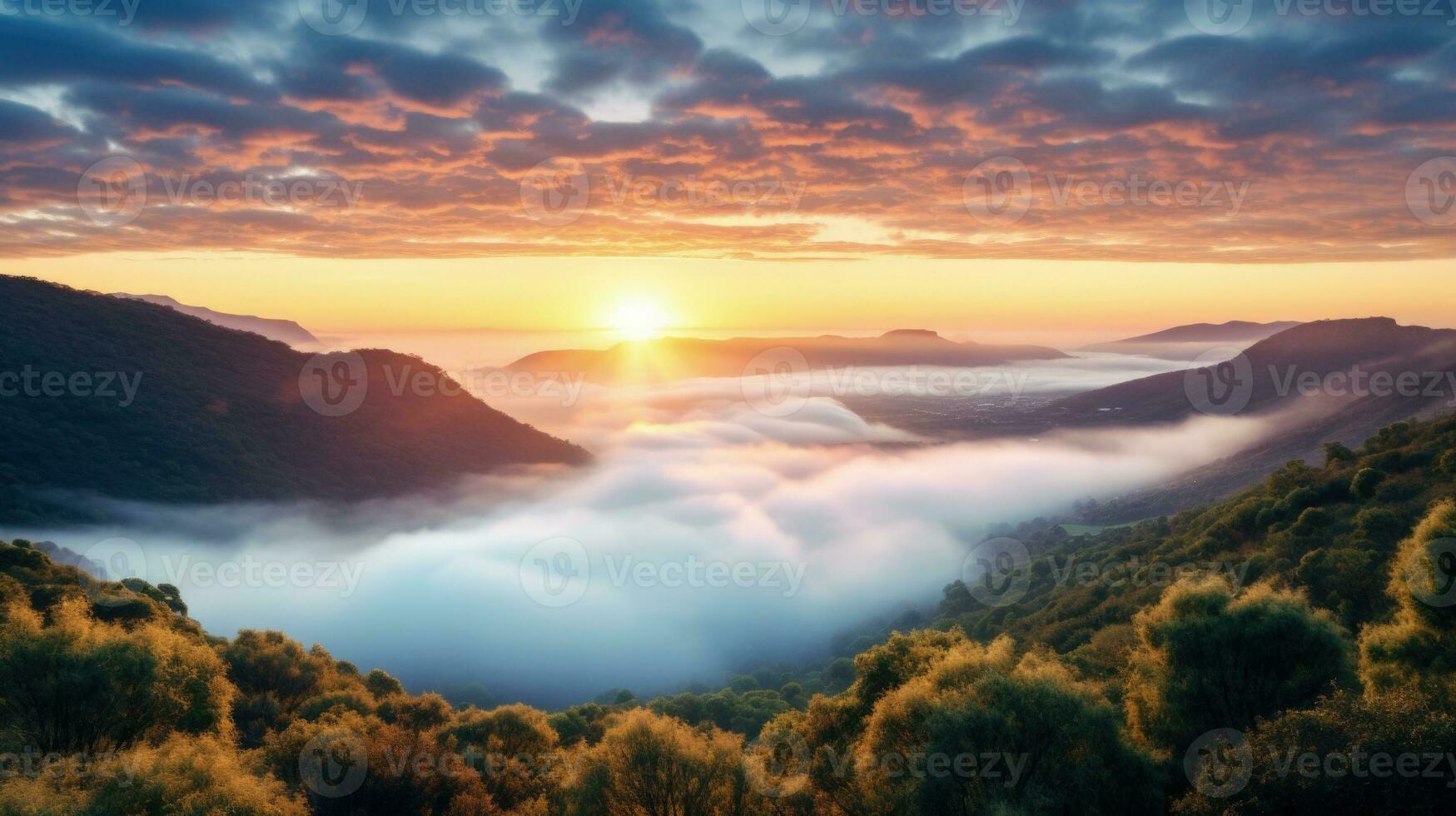 ai generato Alba nel il nebbioso mattina HD sfondo sfondo foto