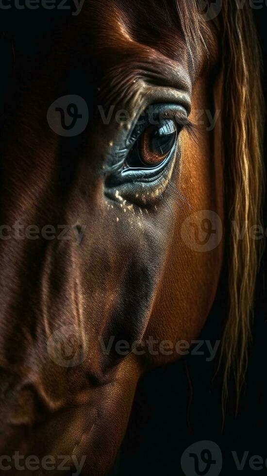 ai generato avvicinamento cavallo occhio, ritratto di animale su buio sfondo. ai generato foto