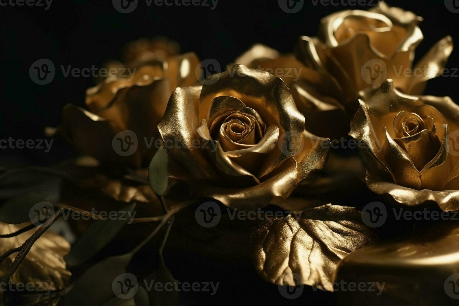 ai generato d'oro Rose avvicinamento buio romantico sfondo. ai generato foto
