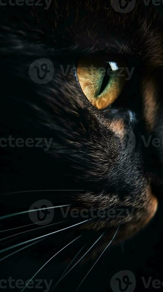 ai generato avvicinamento gatto occhio, ritratto di animale su buio sfondo. ai generato foto
