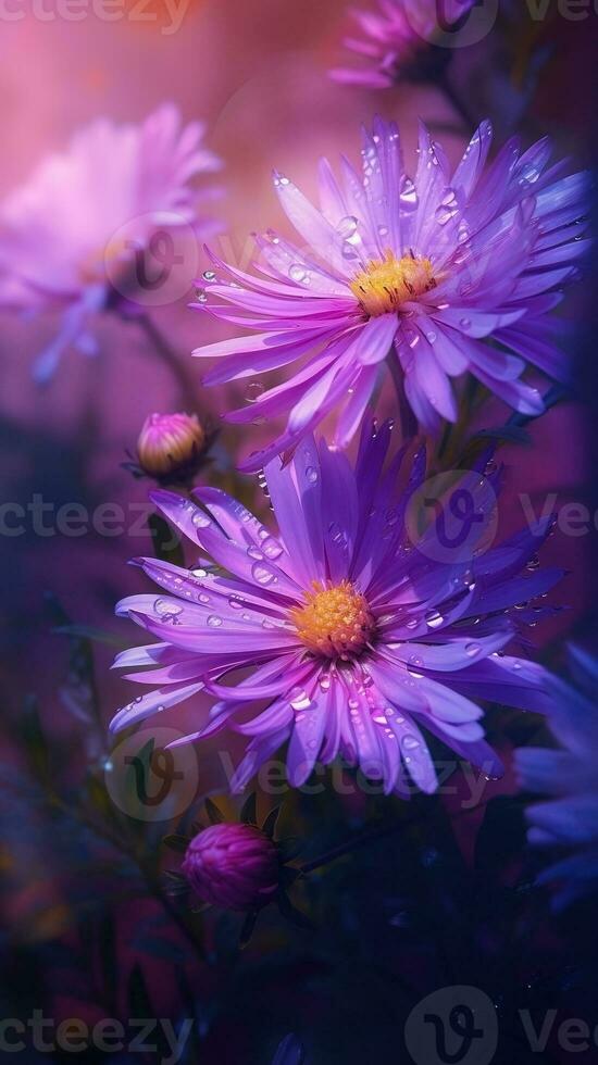 ai generato fioritura astro fiori con gocce di acqua avvicinamento sfondo. estate sfondo. ai generato foto