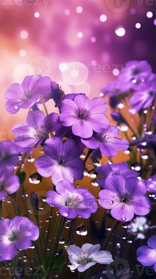 ai generato avvicinamento viola fiori con acqua goccioline sfondo. ai generato foto
