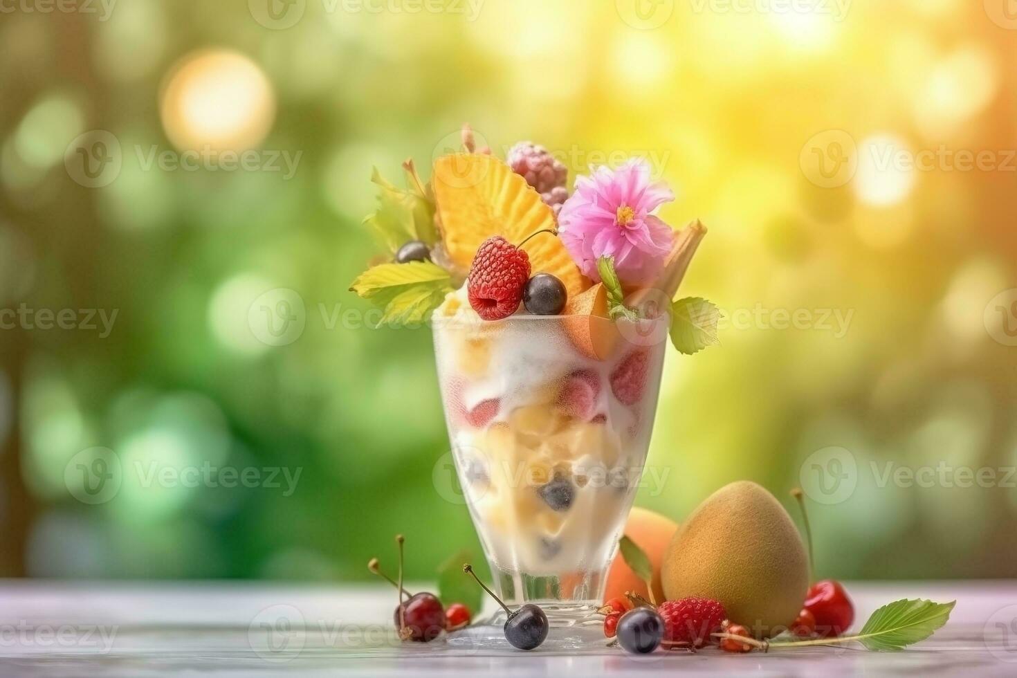 ai generato ghiaccio crema decorato con frutta e fiori su il estate sfondo foto